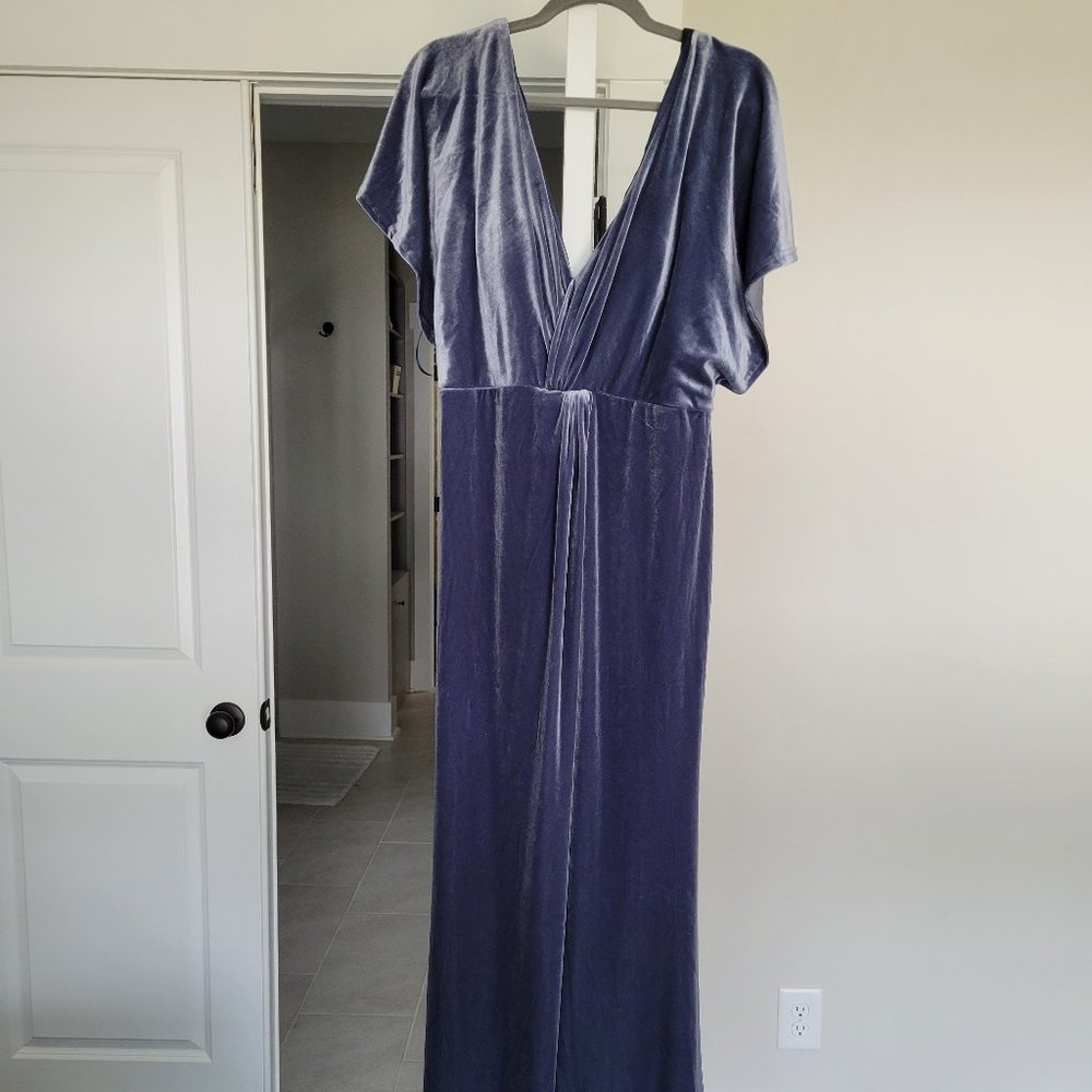 Dusty blue velvet maxi dresses with flutter sleeves